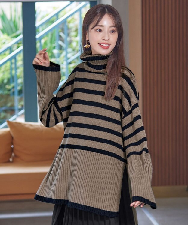 Tiaclasse 【洗える】ハイネックボーダープルオーバー グレージュ