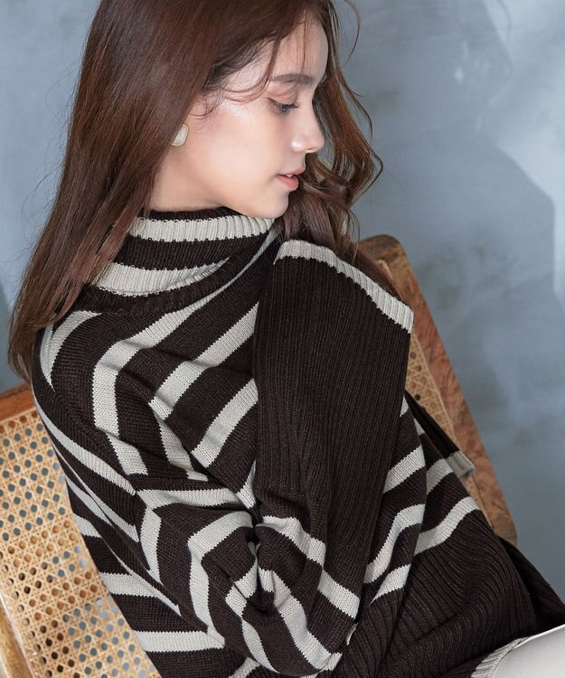 Tiaclasse 【洗える】ハイネックボーダープルオーバー ブラウン