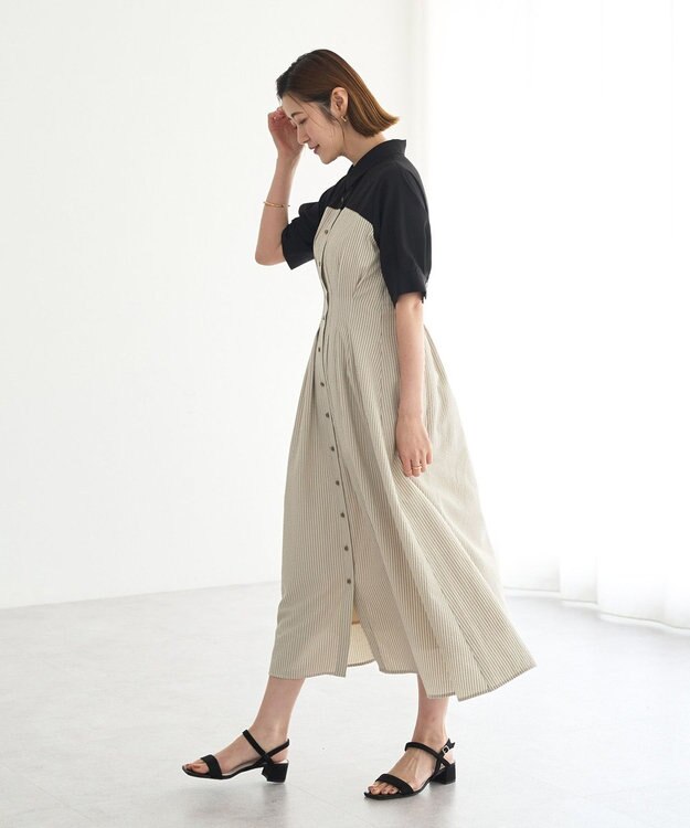 YECCA VECCA ハーフスリーブベアドッキングワンピース Stripe