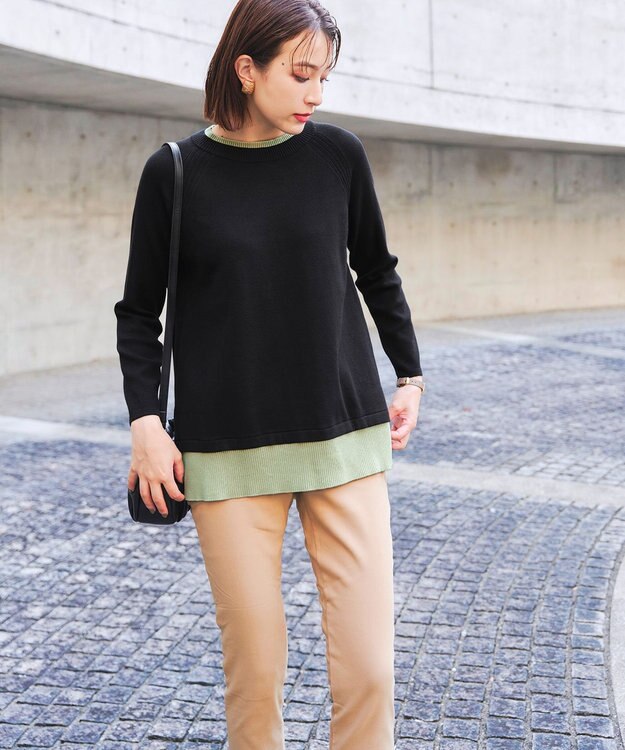 Tiaclasse 【洗える】重ね着風配色ニットチュニック ブラック