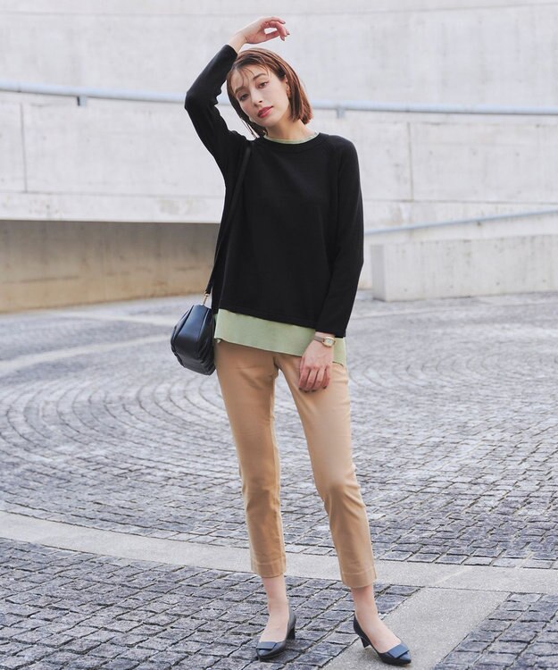 Tiaclasse 【洗える】重ね着風配色ニットチュニック ブラック