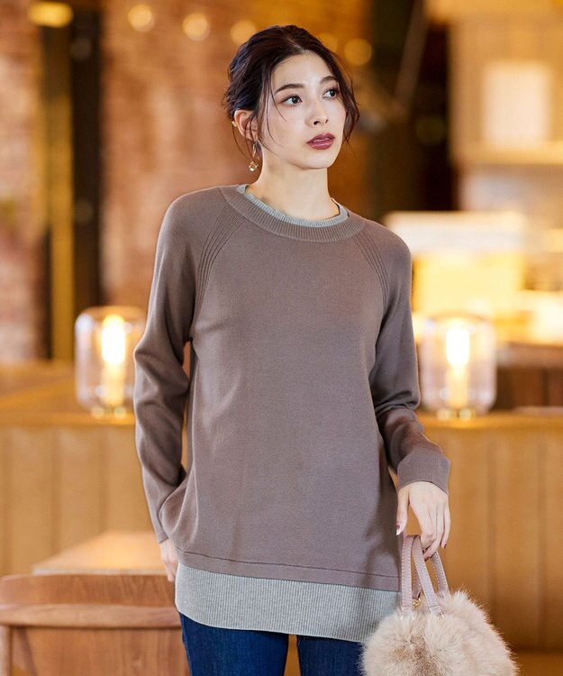 Tiaclasse 【洗える】重ね着風配色ニットチュニック モカ