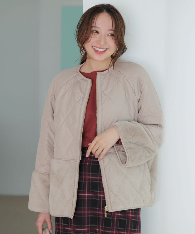 ANY SIS S フェイクファーコンビキルティング アウター ベージュ