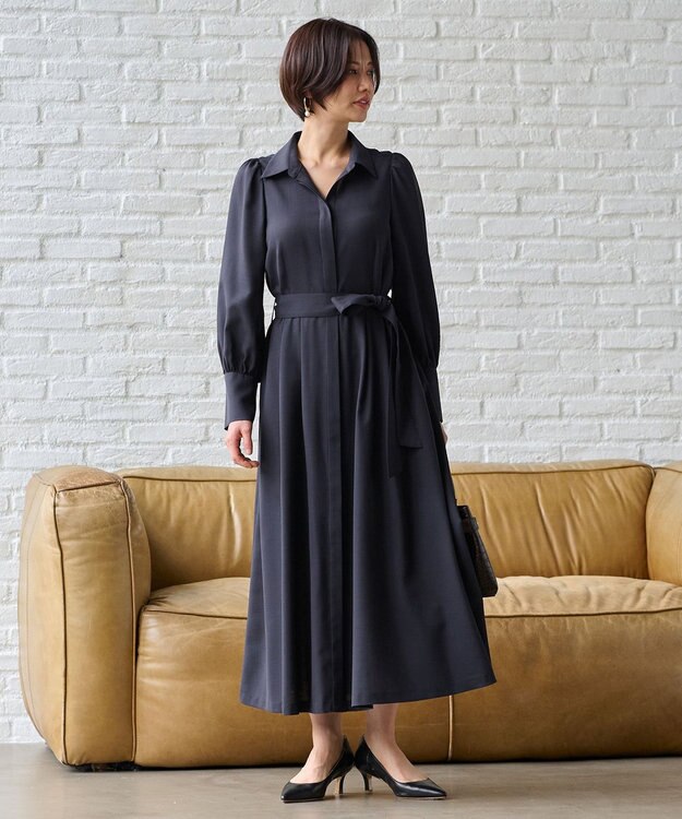 自由区 【洗える】ボリュームスリーブシャツ ドレス ネイビー系