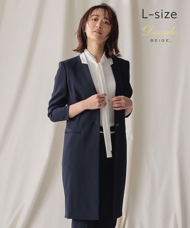 BEIGE， 【L-size】CINDY / ノーカラーロングジャケット Navy × White