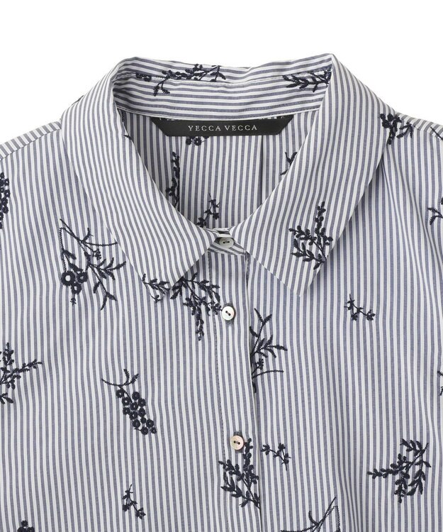 YECCA VECCA ストライプ柄フラワー刺繍シャツ Navy