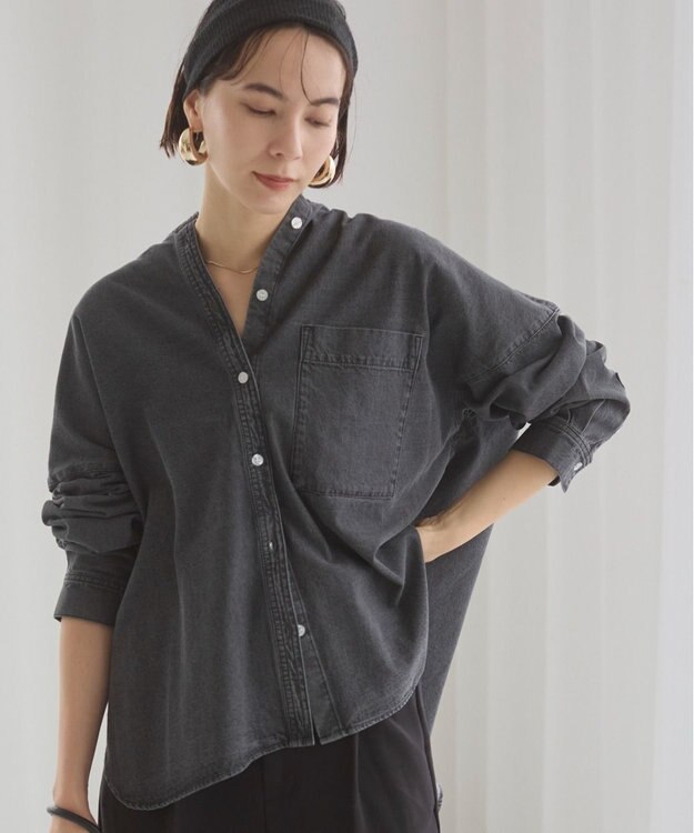 WEGO 【ANGIE VINTAGE】オーバーサイズ バンドカラー デニムシャツ グレー
