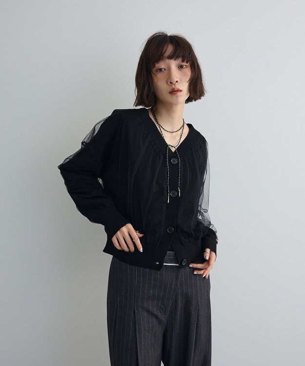 Green Parks チュールドッキングＶネックニットカーディガン Black