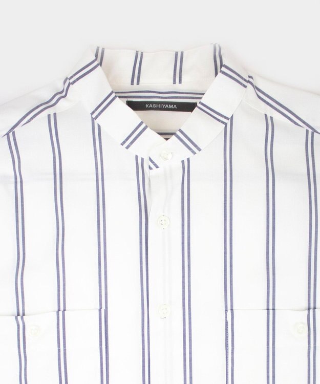 KASHIYAMA GIZA 100/2 バンドカラーシャツ ネイビーレールストライプ