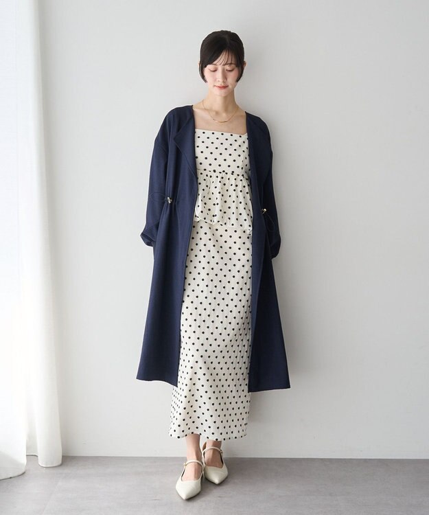 YECCA VECCA ノーカラーラペルロングコート Navy