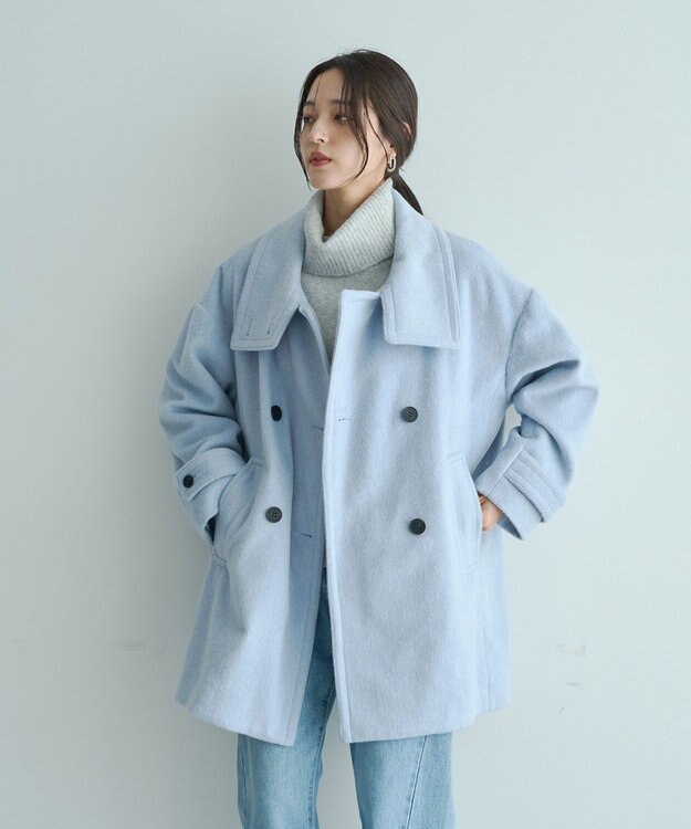 YECCA VECCA ウール混ミドル丈スタンドカラーコート Sax