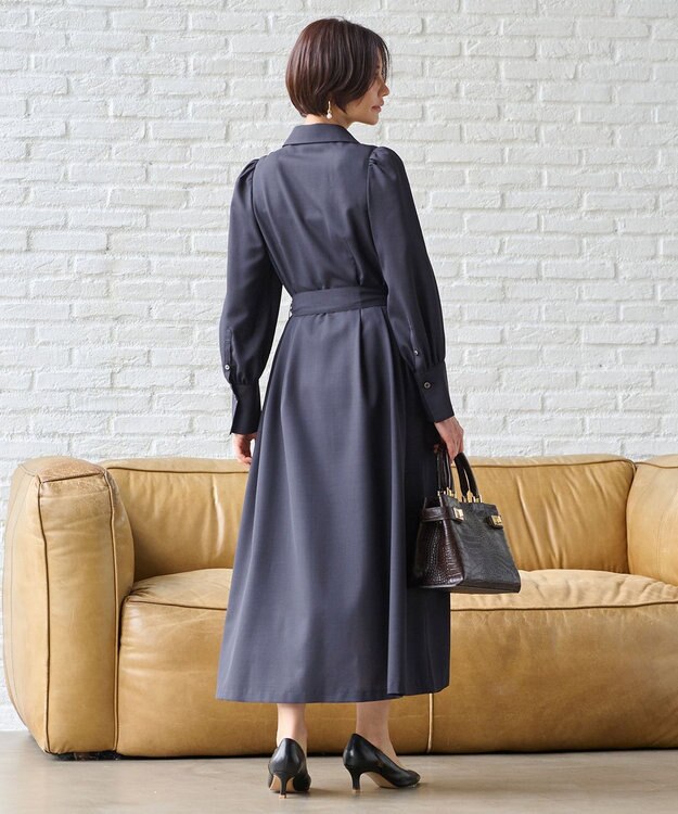 自由区 【洗える】ボリュームスリーブシャツ ドレス ネイビー系