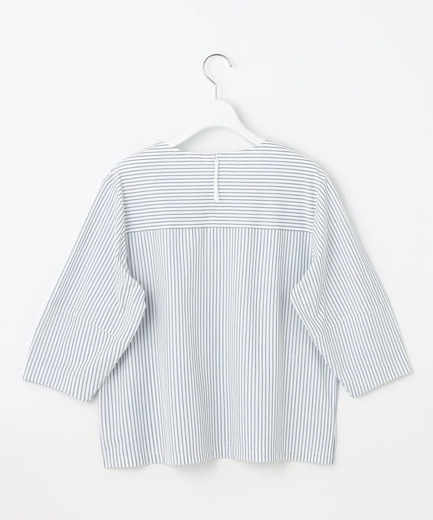 自由区 L 【接触冷感・UVカット・洗える】ストライプコットンハイゲージフォルムスリーブ カットソー オフ×ブルーグレー