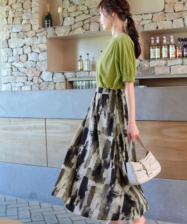 Tiaclasse 【洗える】ペイント柄スカート カーキ