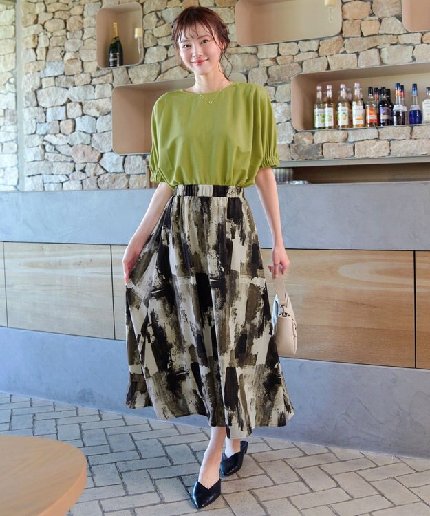 Tiaclasse 【洗える】ペイント柄スカート カーキ