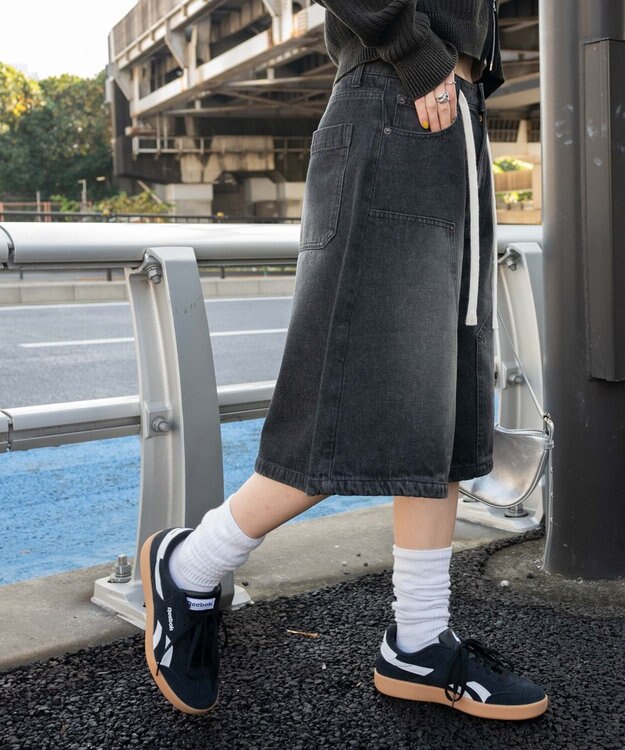 WEGO ウエストドロストダブルニーバギーハーフパンツ ブラック