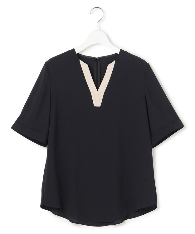 ICB 【先行予約】BackSatinAmunzen 5分袖Vネック配色ブラウス ブラック