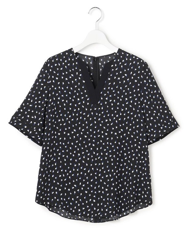 ICB 【先行予約】BackSatinAmunzen 5分袖Vネック配色ブラウス ブラック×ミックスモチーフドット