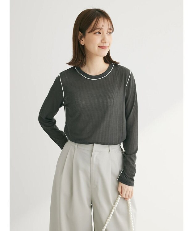 Green Parks 配色ステッチシアーリブプルオーバー Dark Gray