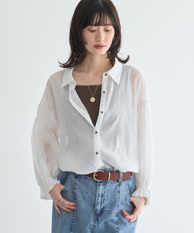 YECCA VECCA 綿麻シアーボリュームギャザーシャツ Off White