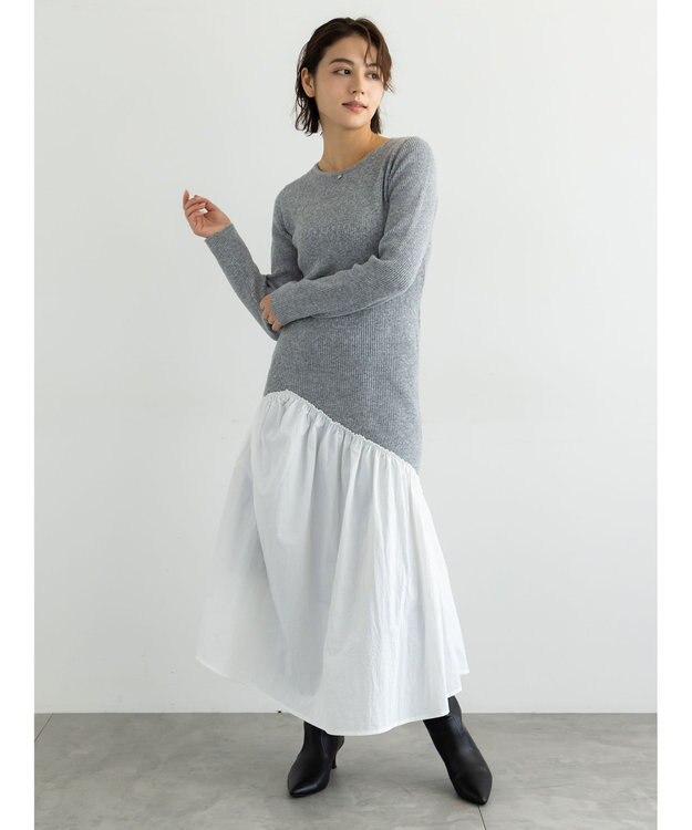 Te chichi 【宮本茉由着用】リブニットドッキングアシメワンピース グレー