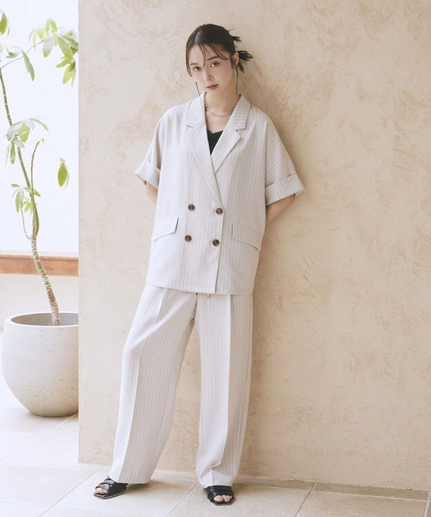 earth music&ecology 【セットアップ対応】リネンライクダブルジャケット Stripe Ivory