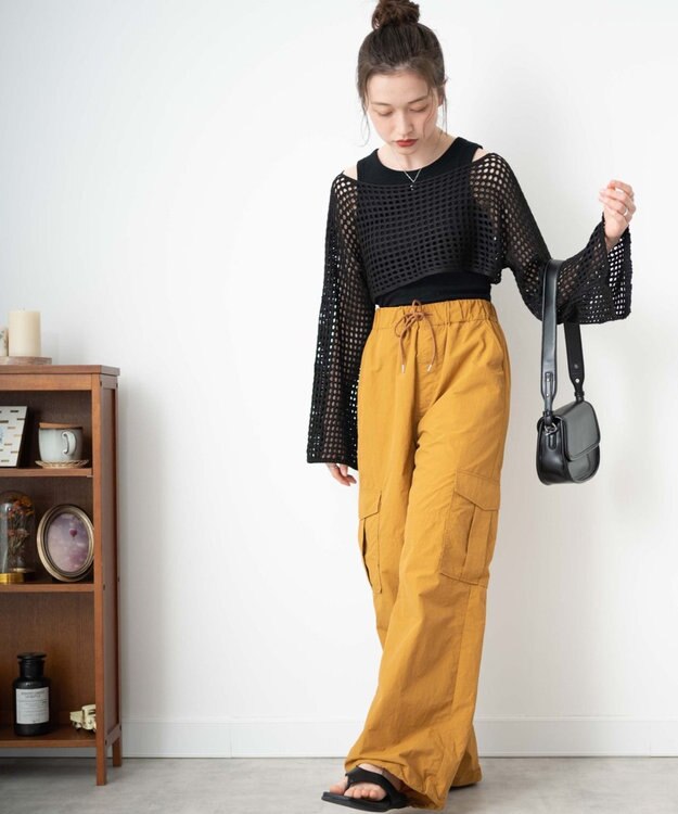 WEGO 【ウエストゴム】ナイロンイージーワイドカーゴパンツ マスタード