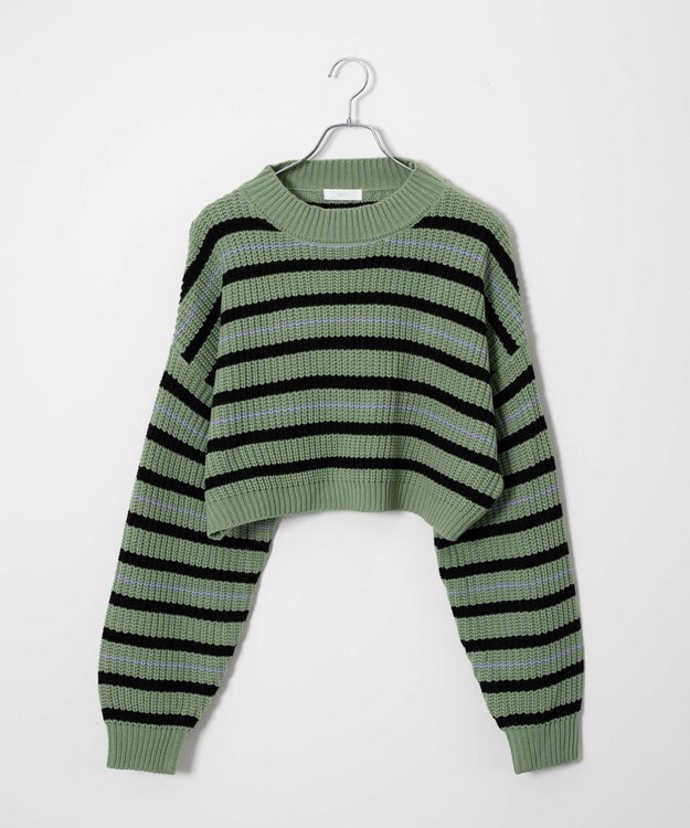 WEGO ボーダーショートニットプルオーバー グリーンボーダー