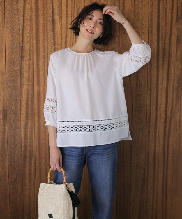 J.PRESS LADIES スパンソフトクロス刺繍 ブラウス オフ系