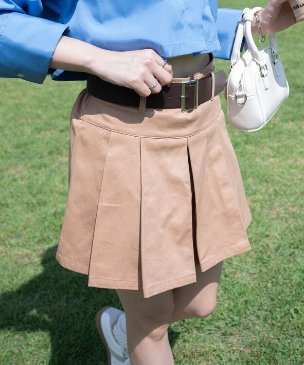 WEGO ベルト付チノプリーツスカパン ベージュ