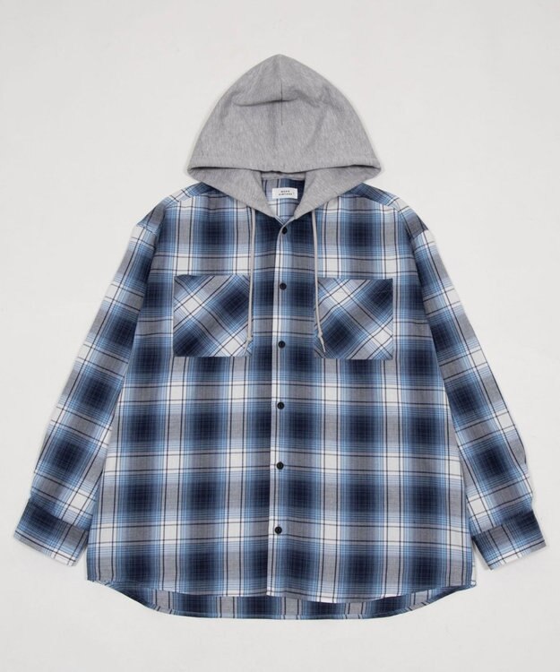 WEGO 【ユニセックス着用ITEM/MLサイズ展開】オンブレチェックフードシャツ（LS） ブルーチェック1