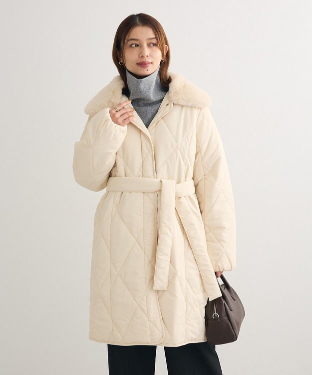 Green Parks ファー衿ダイヤキルト中綿コート Ecru