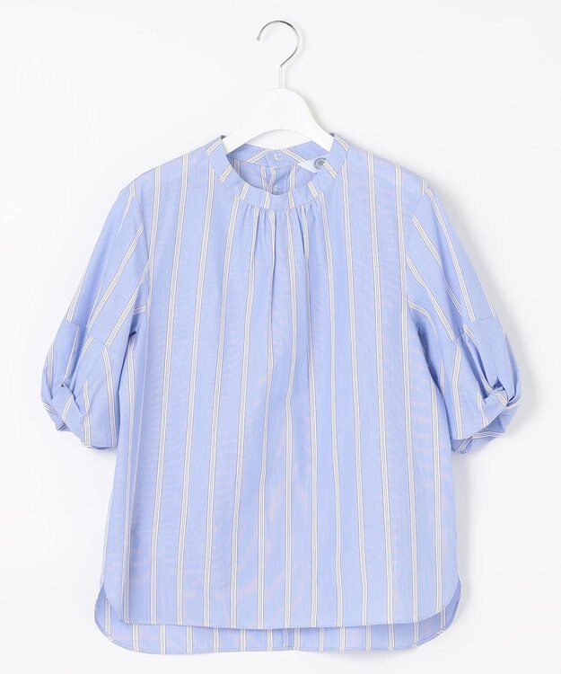 J.PRESS LADIES 【洗える】 セルロース タイプライター ストライプ スタンドカラー ブラウス サックスブルー系1