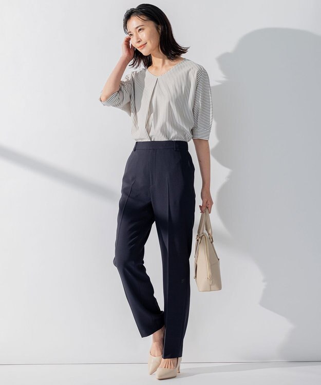 23区 【洗える】タックディテールプルオーバー ストライプ カットソー グレーストライプ