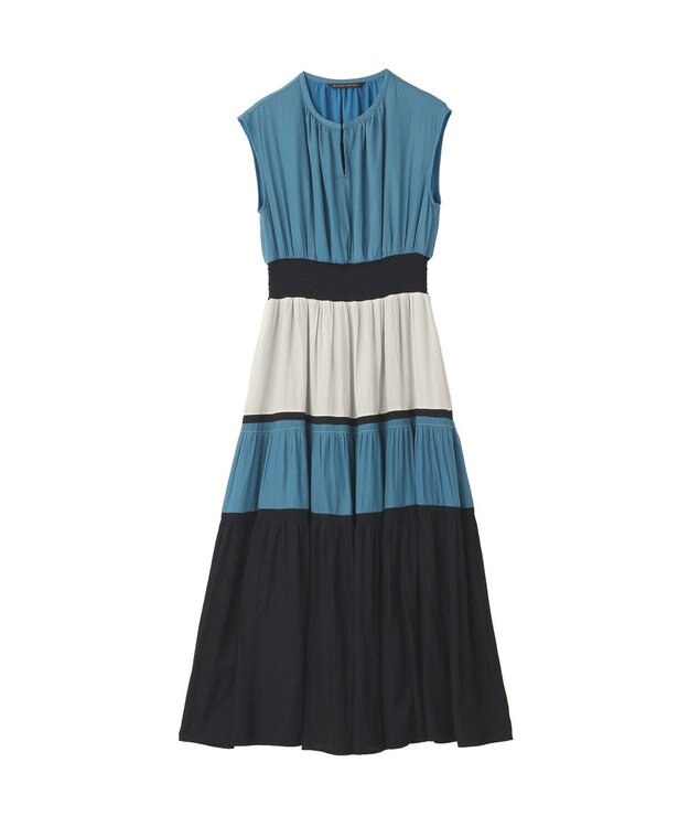 YECCA VECCA マルチカラーシャーリングワンピース Blue Green