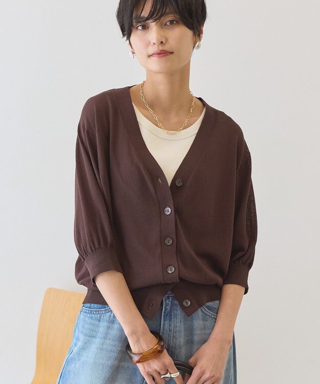 AMERICAN HOLIC 5分袖シアーVネックニットカーディガン Brown