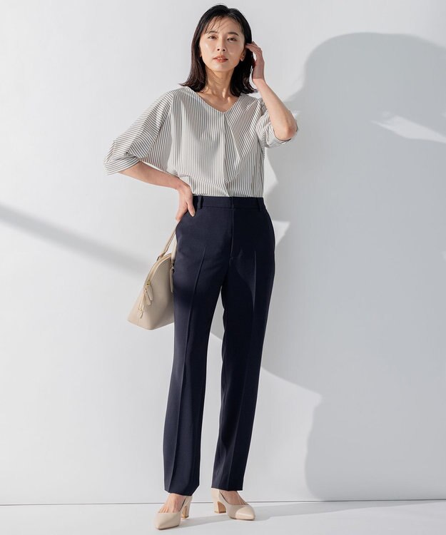 23区 【洗える】タックディテールプルオーバー ストライプ カットソー グレーストライプ