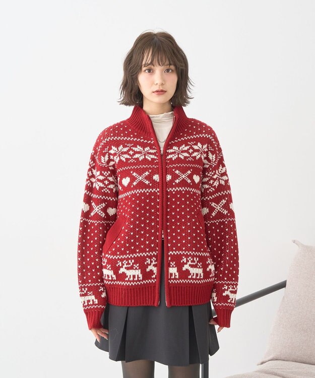 earth music&ecology ダブルzipノルディックカウチンニットカーディガン レッド