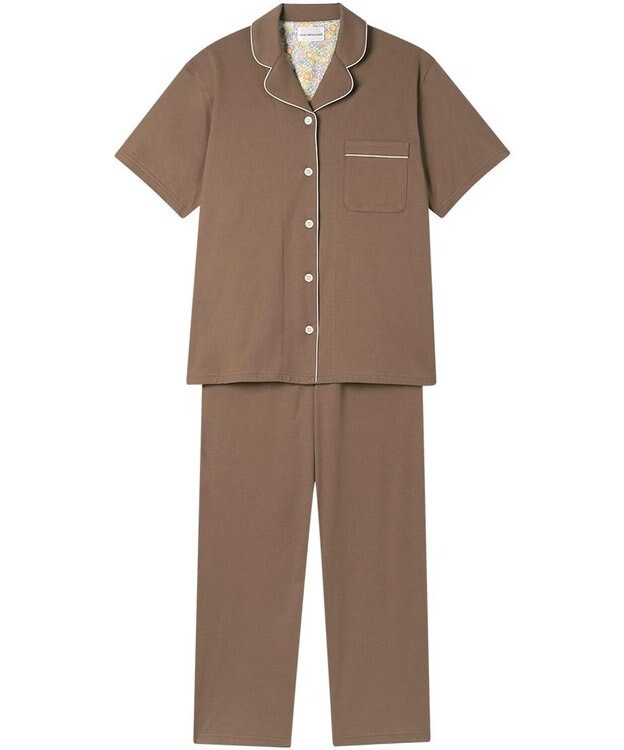 une nana cool 【綿100%】60/2 やわらか天竺 半袖開襟パジャマ MADE WITH LIBERTY FABRIC ブラウン