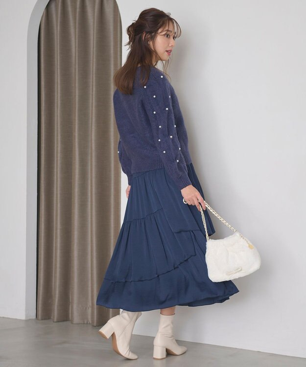 Feroux 【洗える】ランダムティアードスカート ネイビー系
