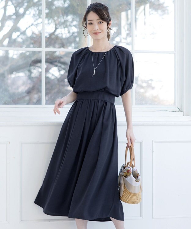 Tiaclasse 【洗える】麻調ギャザーワンピース ネイビー