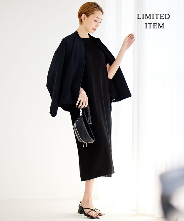 ICB 【WEB限定・洗える】ドライコットンアセテート  サイドスリットワンピース ブラック系