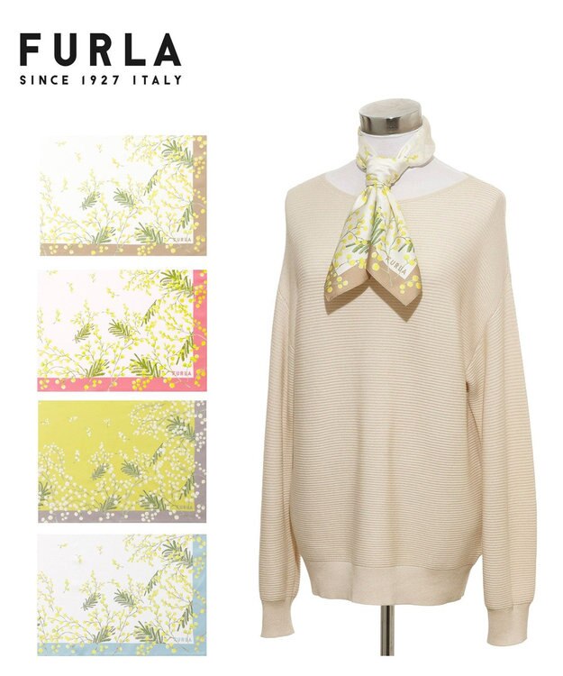 MOONBAT 【シルク100%】FURLA (フルラ) ミモザ シルクプリントスカーフ 65cm×65cm UV対策 手洗い可能 ベージュ