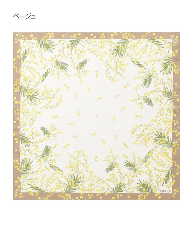 MOONBAT 【シルク100%】FURLA (フルラ) ミモザ シルクプリントスカーフ 65cm×65cm UV対策 手洗い可能 ベージュ