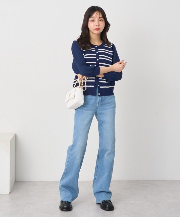 earth music&ecology 　透かし編みボーダーカーディガン Border Navy