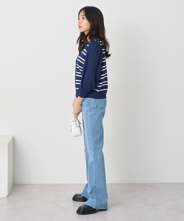 earth music&ecology 　透かし編みボーダーカーディガン Border Navy