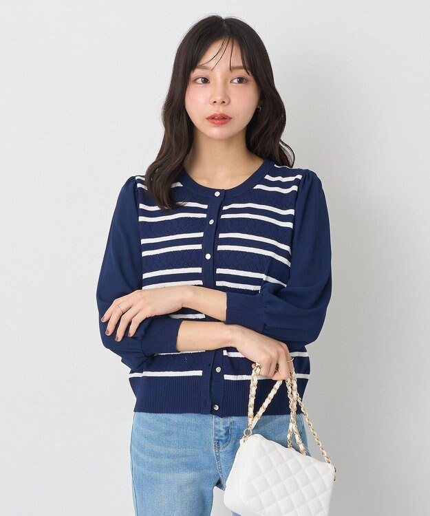 earth music&ecology 　透かし編みボーダーカーディガン Border Navy