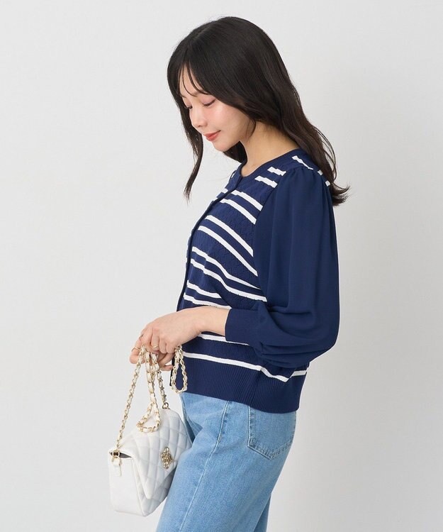 earth music&ecology 　透かし編みボーダーカーディガン Border Navy