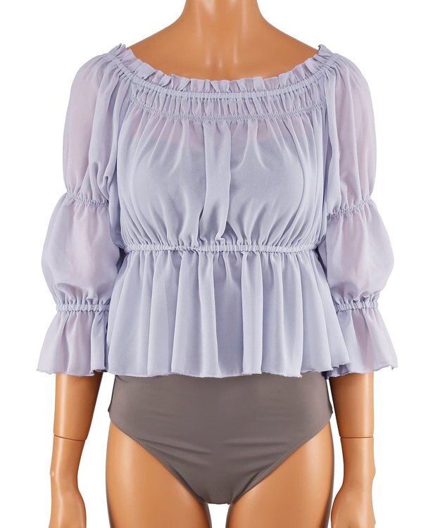 San-ai Resort（三愛水着楽園） パフスリーブトップス付き3点セット水着　9M　【San-ai Resort（サンアイリゾート）】 ブルー×グレー