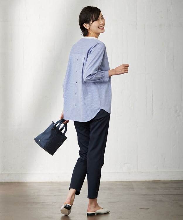 J.PRESS LADIES L ピンストライプジャージー バンドカラー スキッパー カットソー ブルー系1